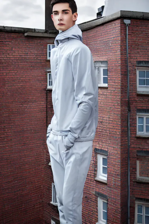 Image similar to un ultra high definition studio quality photographic art portrait of a young man standing on the rooftop of a british apartment building wearing soft padded silver pearlescent clothing. three point light. extremely detailed. golden ratio, ray tracing, volumetric light, shallow depth of field. set dressed.