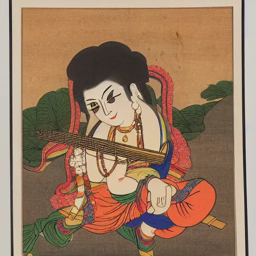 Prompt: late meiji period, colored woodblock print, krishna