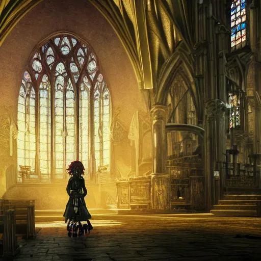 Image similar to goth woman standing in a church, color page, tankoban, 4 k, tone mapping, akihiko yoshida, james jean andrei riabovitchev marc simonetti, yoshitaka amano, long hair, curly, h. hydrochaeri