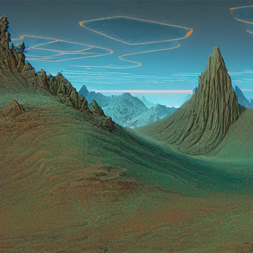 Image similar to beautiful rendered in zbrush ancient painting of a beatiful scenic mountain range surrounded by holographic Myrtle squares, by Jean Giraud and Zdzisław Beksiński and Chesley Bonestell and James Gurney, Mc Escher,
