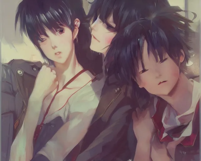 Prompt: boy's love anime high school scene setting, high detail, perfect proportions, romantic undertones, realistic shaded lighting poster ilya kuvshinov katsuhiro, raden saleh, basuki abdullah, jeremy lipkin and michael garmash, rob rey and kentaro miura style, trending on art station - h 6 4 0