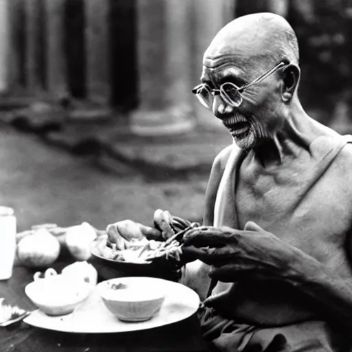 Image similar to ghandi eating bacon