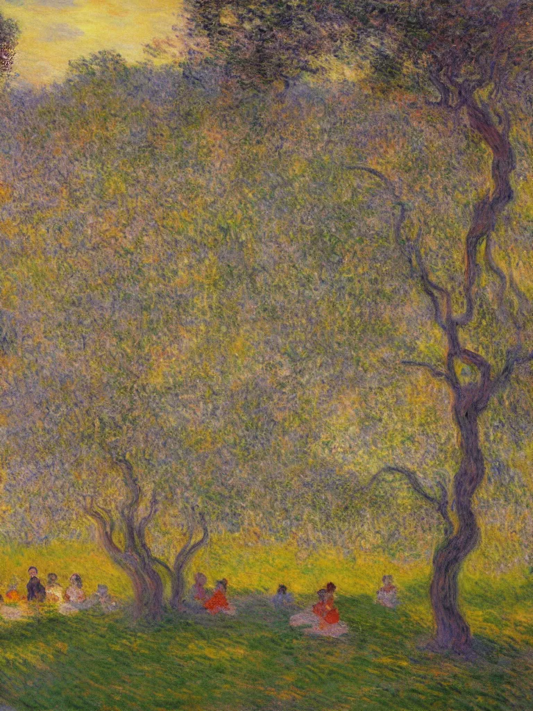 Prompt: gauzy impressionist painting of my backyard with an old apple tree with people! dancing at sunset, orange light, color oil painting by claude monet and piet mondrian, cosmic trending on artstation 8 k