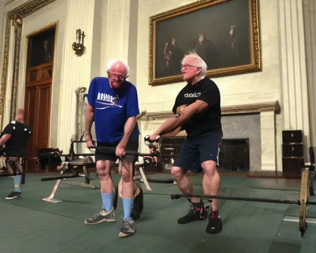 Prompt: bernie sanders deadlifting, 200lb barbells, in senate chambers