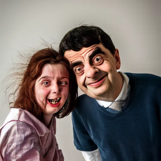 Image similar to A portrait mr bean elizabeth teams up with a teenage mr bean, perfect faces, 50 mm, award winning photography