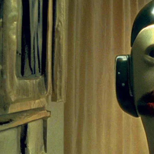 Prompt: a man head and a robot head in a moment of jealousy, movie still, by Andrzej Zulawski