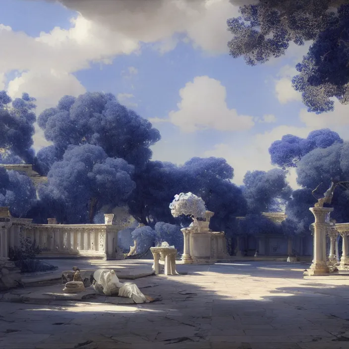 Prompt: gardens of marble draped in flowing sheets of cobalt blue satin and silver satin, by syd mead and ivan aivazovsky and alma tadema and pieter claesz and moebius, hyperrealistic, volumetric light, octane render