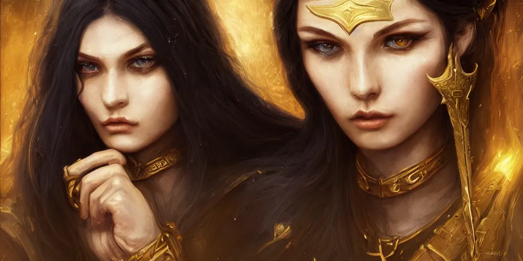 Image similar to portrait of a young beautiful priestess with long black hair weavering golden strings of magic, barroque painting, ultra realistic. cinematic, dynamic. magic the gathering style. epic fantasy, insanely detailed, 4k, symmetrical face, rpg character reference. gourgeous.