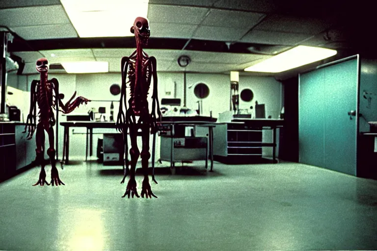 Image similar to a scary filmic wide shot color ground level angle movie still 35mm film photograph of the full body of a dangerous shape shifting alien creature, with multiple mutated snarling drooling human faces with a grotesque variety of human and animal limbs protruding from its lower torso inside of a 1970s science lab, neon lights, dirty, ektachrome photograph, volumetric lighting, f8 aperture, cinematic Eastman 5384 film