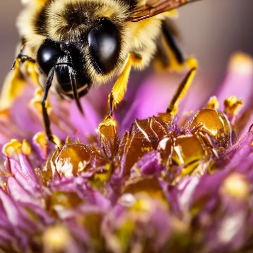 Image similar to a award - winning macro photography of a bee drinking honey, sigma 8 5 mm f / 2