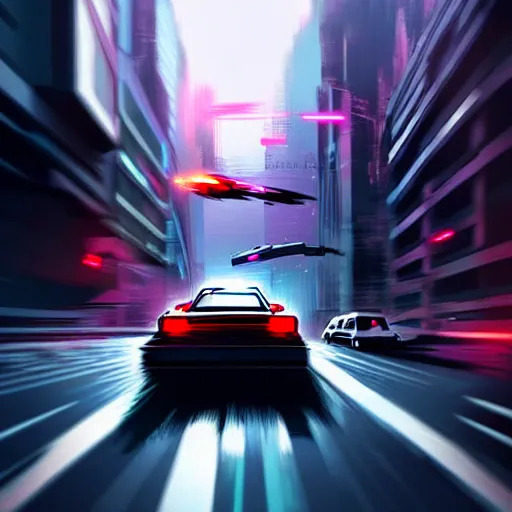 Image similar to cyberpunk dodging a moving car, highly detailed, in the style of greg rutkowski