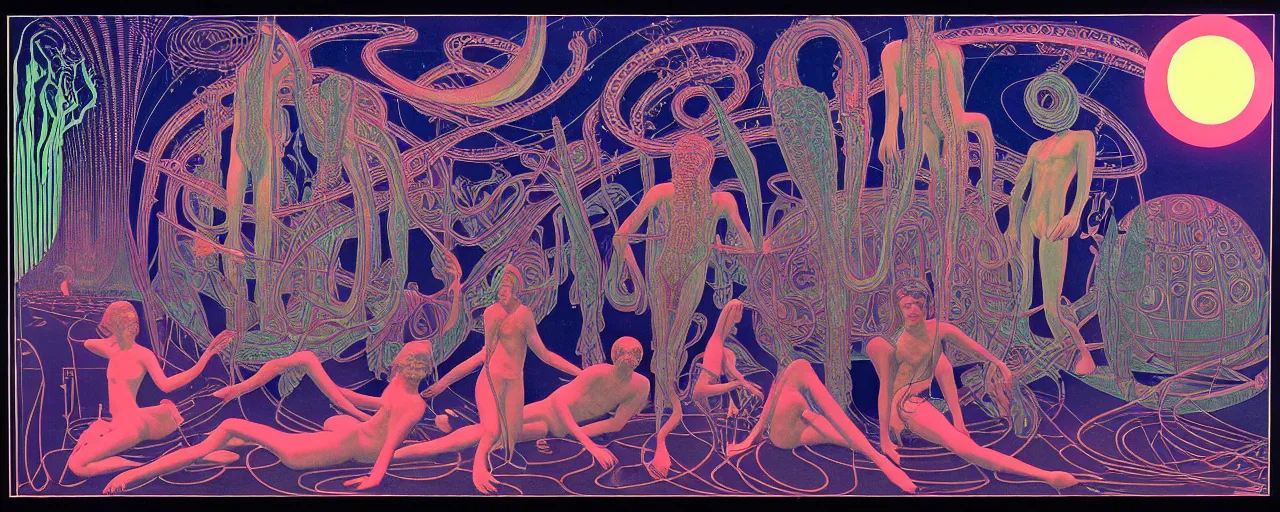 Prompt: 1968 cut out collage, theater stage, neon Greek, dusk on Jupiter, epic theater, deep sea ambience, aquatic plants, Jugendstil drawings, in part by Alex Grey, part by Moebius, composition William S Boroughs, written by H. P. Lovecraft