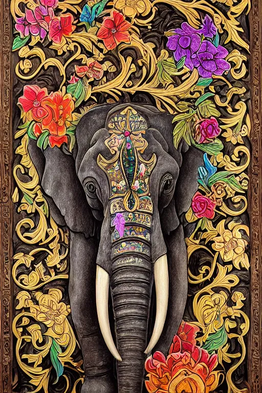 Image similar to Painted dark-wood panel relief carving of a close up of a Flowerpunk Matriarch Elephant, ornate border frame, explosion of colorful flowers, dark wood, intricately carved, black ink, festival of rich colors, intricate details, cinematic lighting, volumetric lighting, post-processing, art nouveau, by andreas rocha and john howe, and Martin Johnson Heade, featured on artstation, featured on behance, golden ratio, hyper detailed, photorealistic, epic composition, center spotlight, f32, well composed, UE5, 8k