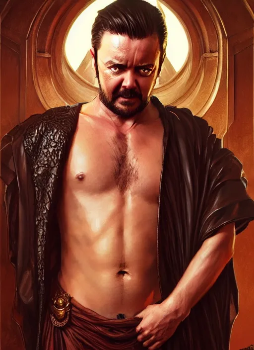 Prompt: portrait of ricky gervais, d & d, muscular! fantasy, intricate, leather robes, elegant, highly detailed, digital painting, artstation, concept art, smooth, sharp focus, illustration, art by artgerm and greg rutkowski and alphonse mucha