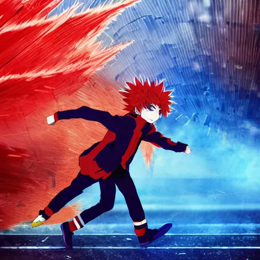 Image similar to orange - haired anime boy, 1 7 - year - old anime boy with wild spiky hair, wearing red jacket, running through red yellow blue building, strong lighting, strong shadows, vivid hues, ultra - realistic, sharp details, subsurface scattering, intricate details, hd anime, 2 0 1 9 anime