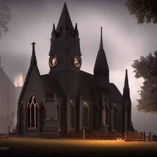 Image similar to victorian church in the middle of the city, dark, misty, at night, 8 k, detailed, concept art, trending on artstation