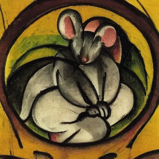 Prompt: mouse holding a drum, sitting in the forrest, medieval portrait, by franz marc, close up