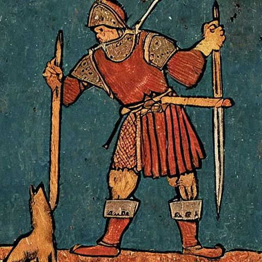 Image similar to photograph of a medieval warrior from koingation with wolf ears and a wolf tail, holding an arming sword wearing light leather armor