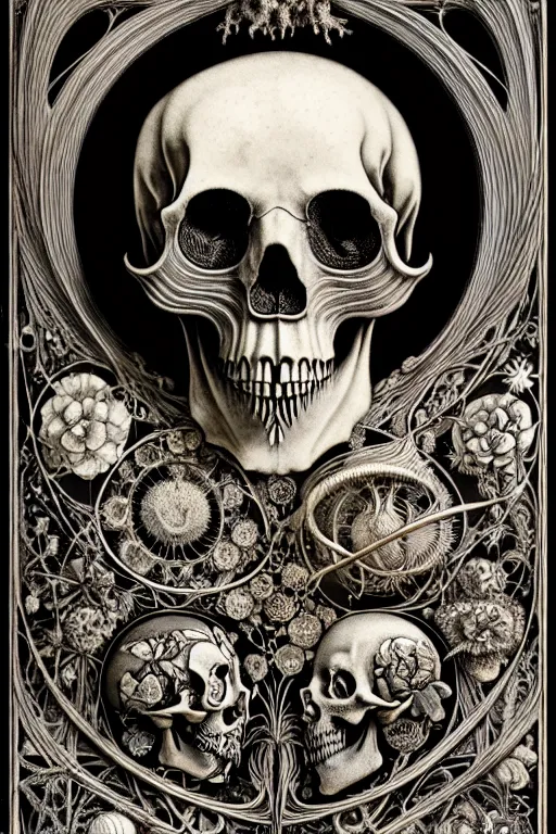 Image similar to art forms of nature by ernst haeckel, memento mori by arthur rackham, ornate antique porcelain beautiful skull mask, ultrasharp, photorealistic, hyperdetailed, octane render, polished, art nouveau, neo - gothic, gothic, intricate ornamental organic filigree, art nouveau botanicals, art forms of nature by ernst haeckel, horizontal symmetry, symbolist, visionary