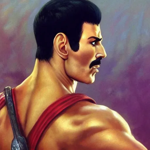 Image similar to ultra realistic freddy mercury as ryu from street fighter, painting by frank frazetta, 4 k, ultra realistic, highly detailed,