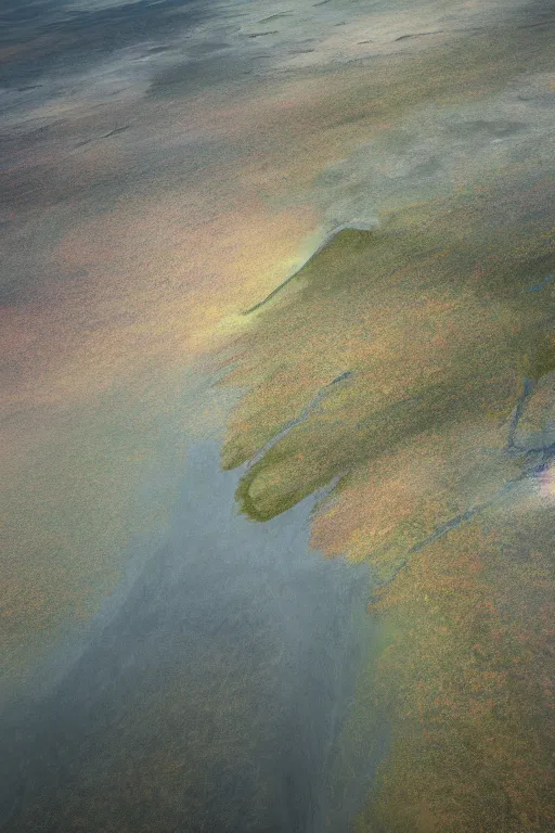 Image similar to realistic full height cinematic stunning dry river delta aerial view of dense swampland by denis villeneuve and hiroshi yoshida and rothko, fluid simulation in houdini, distant mountain range, hyperrealism, moorland, matte painting, trending on artstation, 8 k very hight detail, rendered in octane