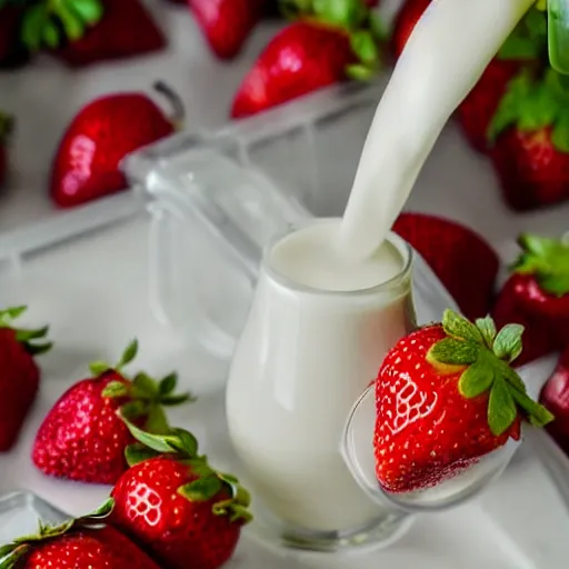 Image similar to a close up photo of milk pouring over a strawberry, macro, highly detailed,