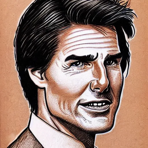 Image similar to a portrait drawing of Tom Cruise drawn by Robert Crumb