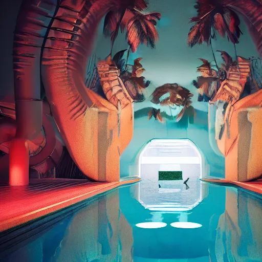 Image similar to a hyperrealistic 3 d render of a broken statue in a surreal underground swimming pool surrounded by palm trees water slides and neon lights, vaporwave, unreal engine, octane render, dramatic lighting, volumetric lighting, neon lighting, ultra detailed, photorealistic