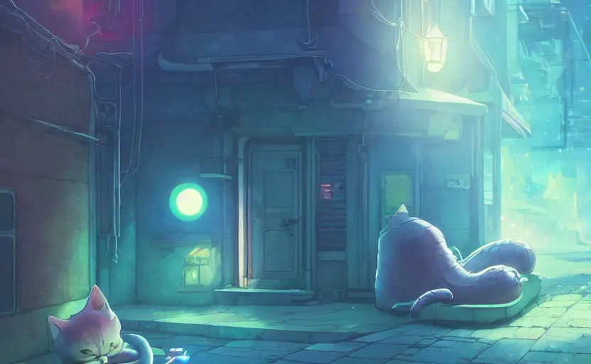 Prompt: an alien cat sleeping in a alleyway in a space opera utopian studio ghibli animated film, global illumination, beautiful composition, volumetric lighting, octane render by artgerm, loish, alena aenami, highly detailed