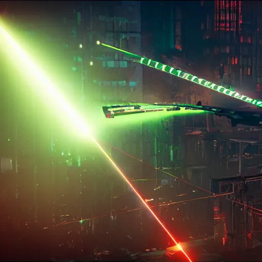 Prompt: a laser shotting teradactyl in destroyed city cyberpunk, fantasy, 4 k, octane render