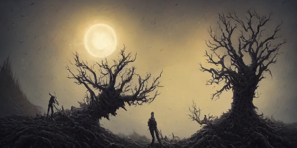 Prompt: a haunted complicated dead tree full of human skulls, alone at the top of a hill in the moon light, alexey egorov, artstation