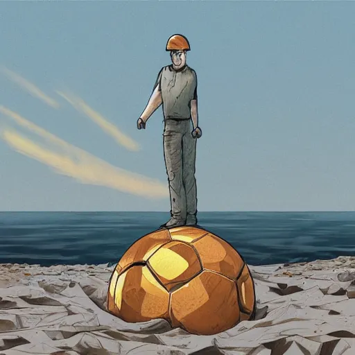 Image similar to in the distance, in the center of a large sandy quarry, a large golden ball lies in the sand, a broken excavator and a man in military uniform standing nearby, stylization of a book illustration, high quality, depth of sharpness, emphasis and focus on the golden ball