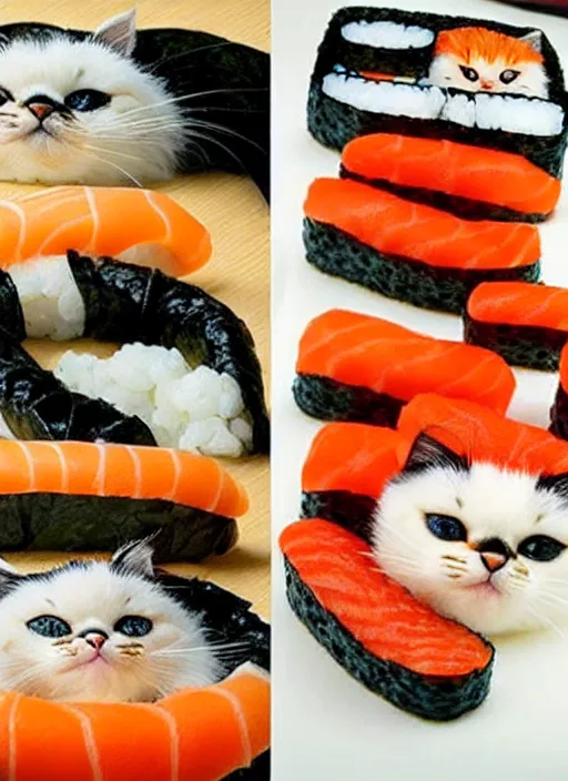 Image similar to clear photorealistic picture of adorable cats made out of sushi