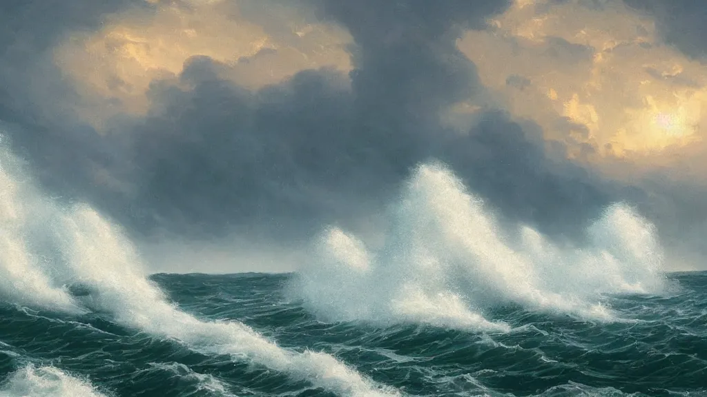 Image similar to first person view of breaking waves on the shore, summer, during a thunderstorm, raining, heavy rain, 🌧️, ⛈️,⚡, sea breeze rises in the air, by andreas rocha and john howe, and Martin Johnson Heade, featured on artstation, featured on behance, golden ratio, ultrawide angle, f32, well composed