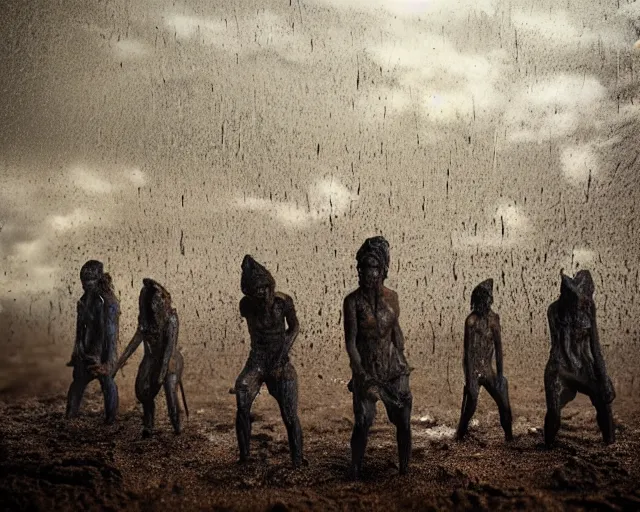 Image similar to gods of mud and clay emerge during a midnight rainstorm. realistic style, motion blur, ominous, disturbing.