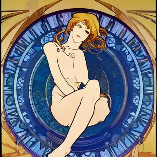 Image similar to Artemis resting after a hunt, by Kyoto Animation and Alphonse Mucha
