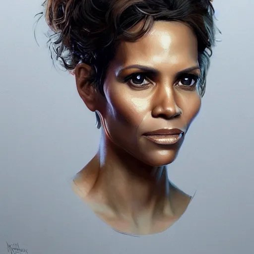 Image similar to portrait of maci holloway, first woman elected as president in usa, cold but beautiful, about 3 5 years old, highly detailed, mix of halle berry and julia roberts, artstation hd, deviantart, by artgem, greg rutkowski