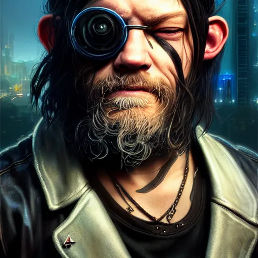 Prompt: portrait painting of a cyberpunk dwarf biker that looks like norman reedus, ultra realistic, concept art, intricate details, eerie, highly detailed, photorealistic, octane render, 8 k, unreal engine. art by artgerm and greg rutkowski and charlie bowater and magali villeneuve and alphonse mucha