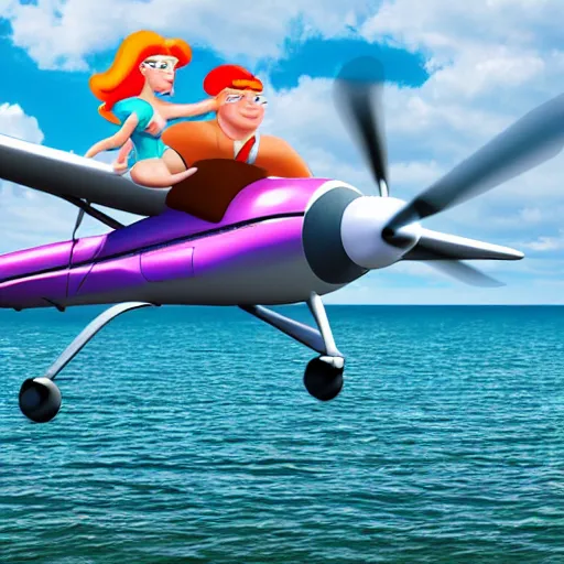 Image similar to pilot and red haired mermaid flying in a cessna airplane, style of Jetsons, cartoon,