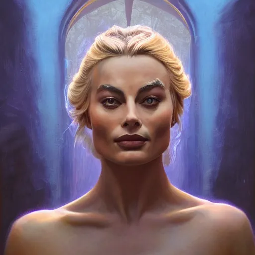 Prompt: cinematic bust portrait of beautiful Margot Robbie from left, head and chest only, exotic alien features, robotic enhancements, desaturated, Tim Hildebrandt, Wayne Barlowe, Bruce Pennington, donato giancola, larry elmore, oil on canvas, masterpiece, trending on artstation, featured on pixiv, cinematic composition, dramatic pose, beautiful lighting, sharp, details, hyper-detailed, HD, HDR, 4K, 8K