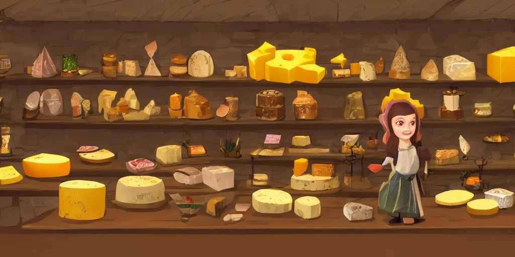 Prompt: fantasy cheese shop interior with shopkeeper