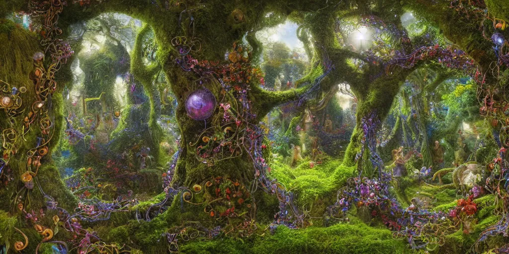 Image similar to a beautiful and highly detailed digital painting of a portal to fairyland, iridescent crystals, moss, multicoloured vines, tangled, the secret garden. intricate details, epic scale, hyperdetailed, hyperrealism,, artstation, cgsociety, 8 k, sharp focus, by caspar friedrich, albert bierstadt, james gurney, brian froud,