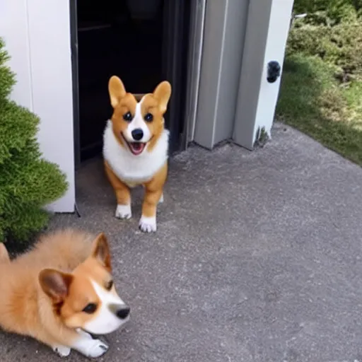 Prompt: front door security camera footage of a corgi mistaken as a delivery package