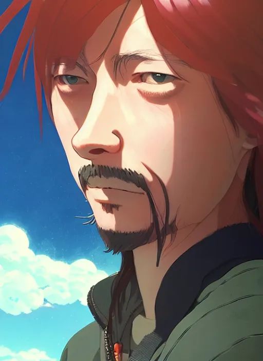 Image similar to portrait of joe dirt, cloudy sky background lush landscape illustration concept art anime key visual trending pixiv fanbox by wlop and greg rutkowski and makoto shinkai and studio ghibli