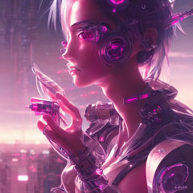 Image similar to anime visual of portrait futuristic cyber warrior girl, in future cyberpunk tokyo rooftop, ssci - fi, fantasy, intricate, very very beautiful, elegant, neon light, highly detailed, digital painting, artstation, concept art, smooth, sharp focus, illustration, art by tian zi and wlop and alphonse mucha