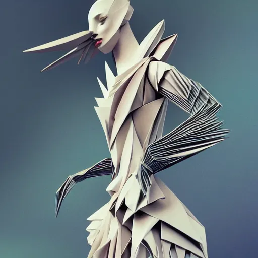 Image similar to 3 / 4 view of a beautiful girl wearing an origami dress, ground - level medium shot, elegant, by eiko ishioka, givenchy, philippe druillet, by peter mohrbacher, centered, fresh colors, origami, fashion, detailed illustration, vogue, high depth of field, japanese, reallusion character creator