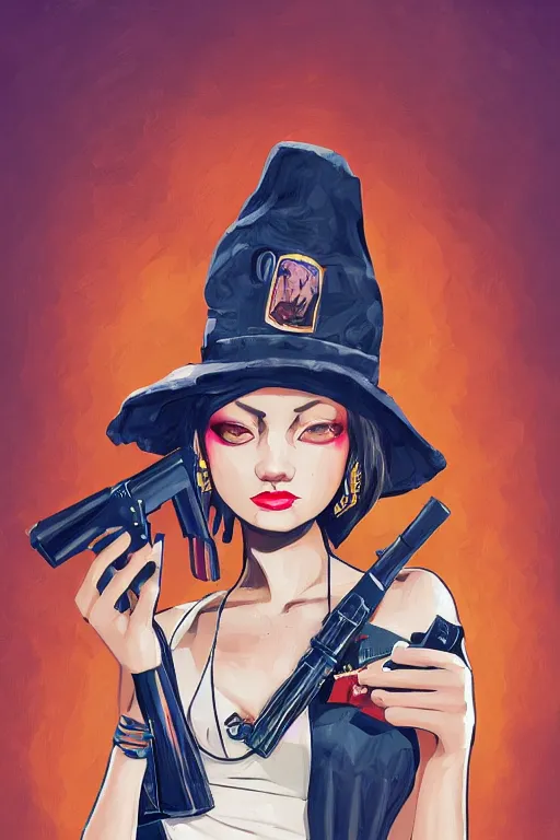 Image similar to painting of a gangster girl holding a gun and smoking, cute face, intricate, highly detailed, digital painting, official media, concept art, rich vivid colors, ambient lighting, sharp focus, illustration