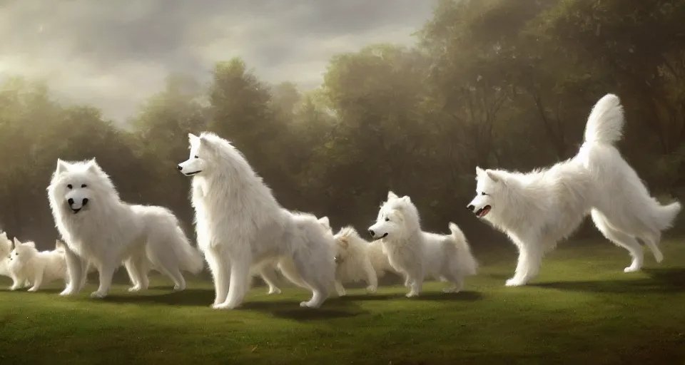 Image similar to the great victorian samoyed parade, beautiful, soft lighting, artstation, storybook,