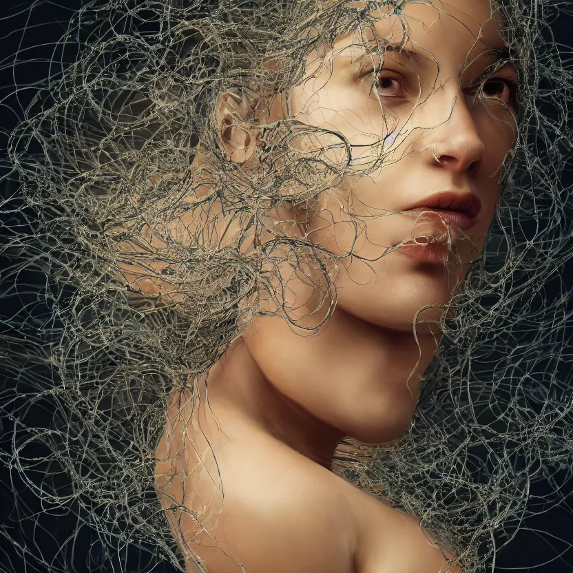 Image similar to portrait of a beautiful woman entangled in fleshy translucent tendrils, chaotic ferrofluids, occult, photography by annie leibovitz, octane render, glow, dramatic lighting, intricate fine ornaments, translucency, lighting 8k, cinematic, blur, shallow depth of field, neuro web, plasma