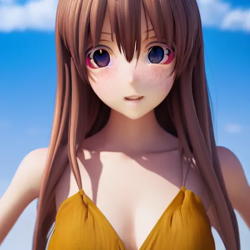 Prompt: ichinose honami, Render of a very beautiful 3d anime girl, long hair, hazel eyes, cute freckles, full round face, short smile, cute sundress, golden hour, serene beach setting, medium shot, mid-shot, highly detailed, trending on Artstation, Unreal Engine 4k